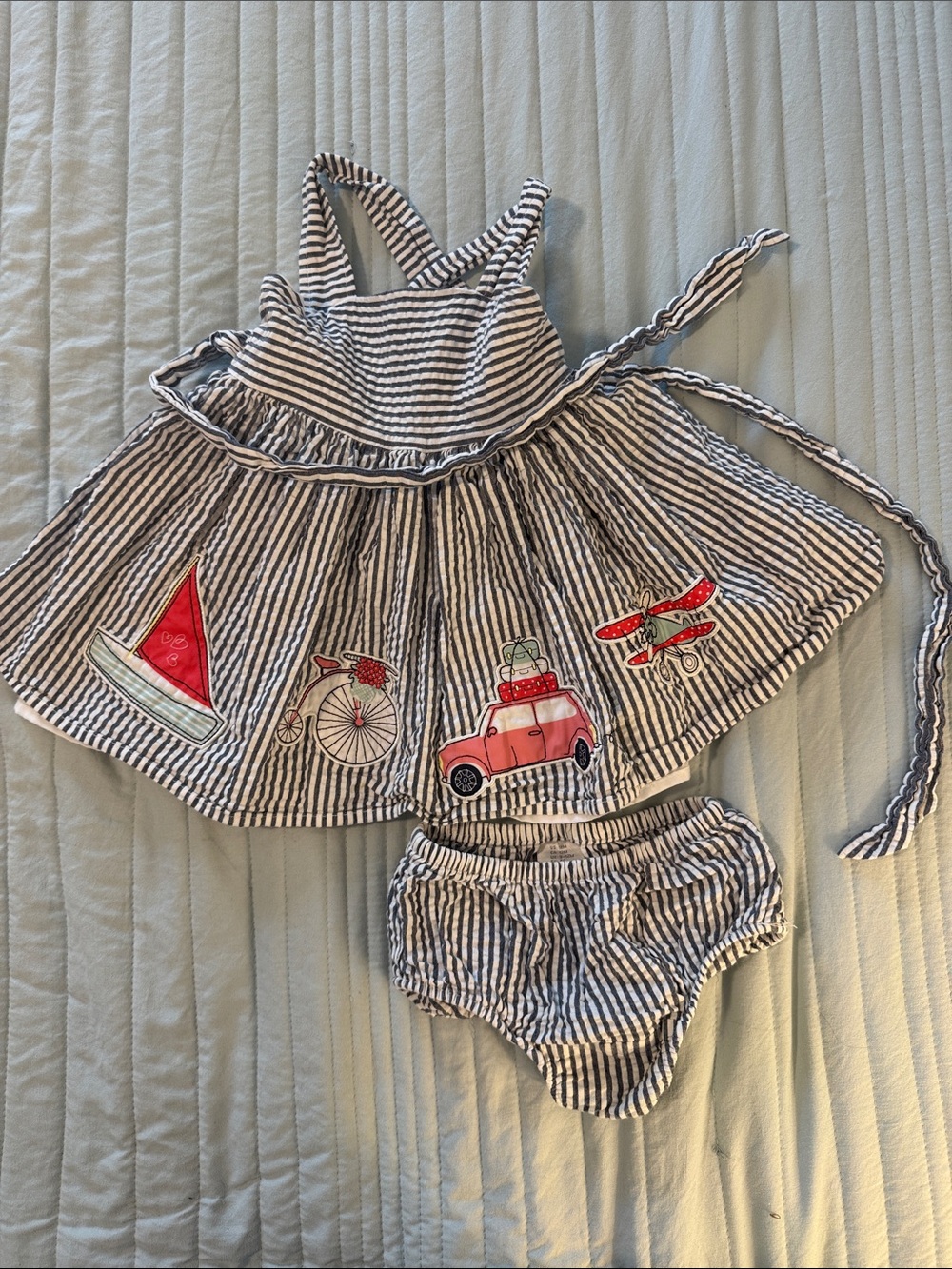 Adorable Blue and White Baby Dress/Diaper Cover with Appliqués